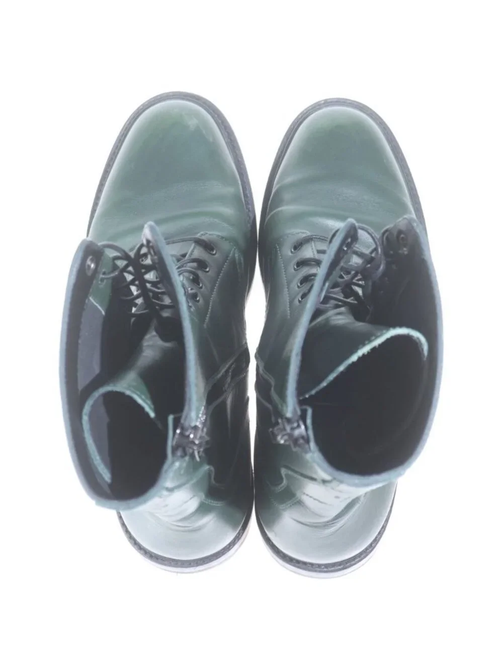Celine Leather Side Zip Lace Up Combat Boots Green